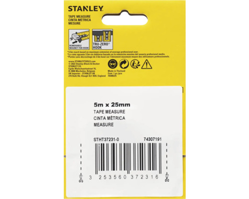 Logo Stanley. Mètre à ruban, 5 mètres sur 25 millimètres, avec aimant amovible pour crochet et crochet Tru-Zero.