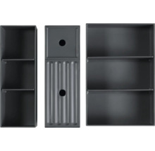 Drei graue Regalelemente mit Ablagefächern