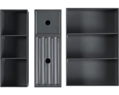 Drei graue Regalelemente mit Ablagefächern