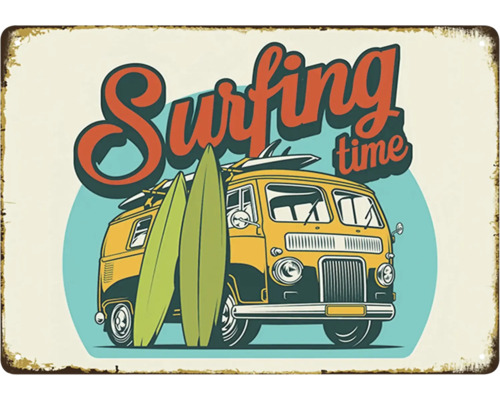 Blechschild Surfing 20x14 cm Metallschild mit dem Aufdruck Surfing Time, einem Bus und Surfbrettern