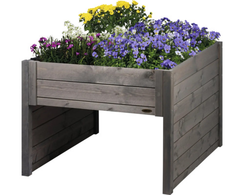 Hochbeet aus Holz mit bunten Blumen