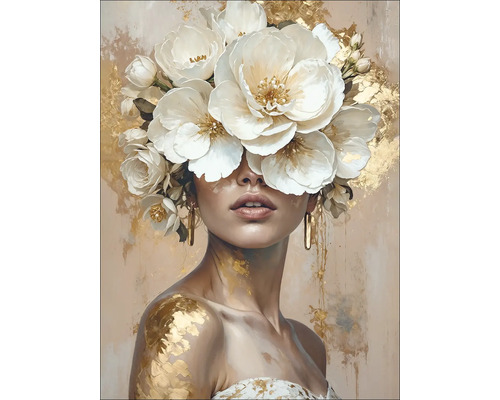 Gemälde einer Frau mit Blumen im Haar und Goldakzenten