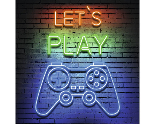 Image au néon avec l'inscription Let's Play et une manette sur un mur de briques