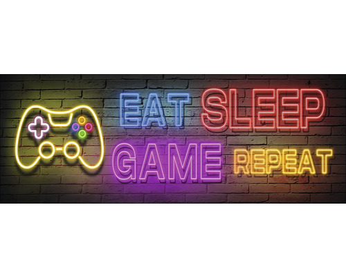 Enseigne néon avec console de jeu, manger, dormir, jouer, répéter sur un mur de briques