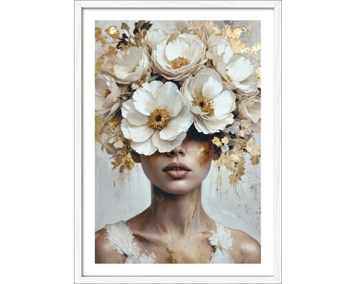 Gemälde einer Frau mit Blumen im Haar in einem Rahmen