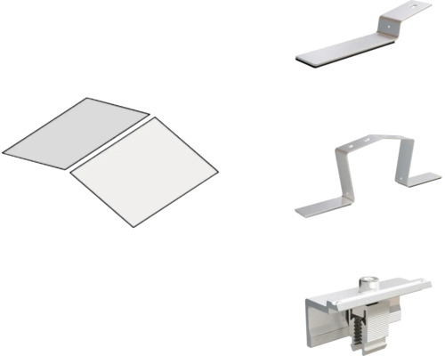 Kit de montage pour systèmes photovoltaïques avec panneaux solaires, supports et pinces en métal.
