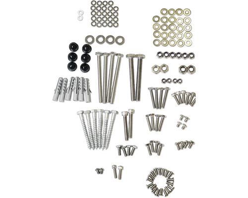 Verschiedene Schrauben, Muttern, Unterlegscheiben und Dübel