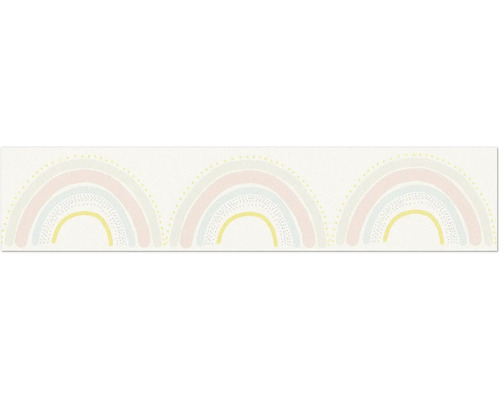 Bordüre 78730-1 selbstklebend Regenbogen weiß bunt 5 m x 13 cm Illustration von drei pastellfarbenen Regenbögen