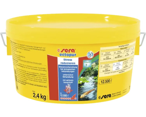 Traitement d’eau sera pond ectopur 2,4 kg, réduit le stress en cas de traitement médicamenteux, pour jusqu’à 12.500 l Sera Ectopur 2,4 kg pour le traitement de l'eau dans le bassin pour réduire le stress