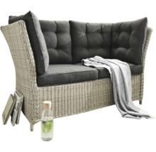 Salon de jardin en rotin avec coussins et couverture gris