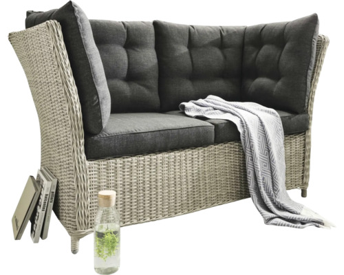 Salon de jardin en rotin avec coussins et couverture gris