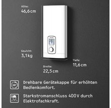 Elektronischer Durchlauferhitzer mit den Maßen 46,6 cm Höhe, 3,1 kg Gewicht, 22,5 cm Breite und 11,6 cm Tiefe.