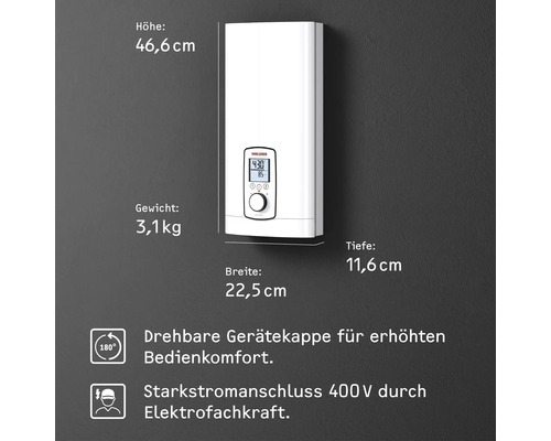 Elektronischer Durchlauferhitzer mit den Maßen Höhe 46,6 cm, Breite 22,5 cm und Tiefe 11,6 cm