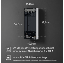 Abmessungen eines Elektrogeräts mit Informationen zu Leitungsquerschnitt und Absicherung