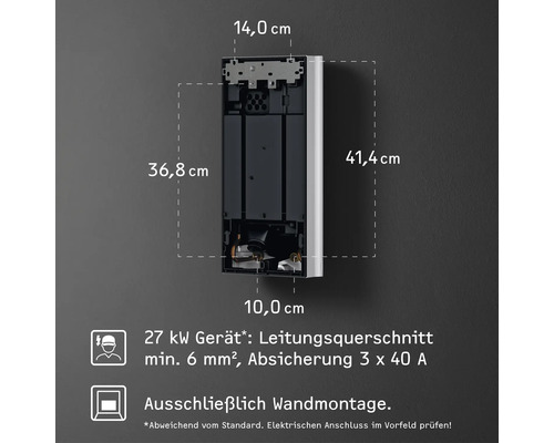 Abmessungen eines Elektrogeräts mit Informationen zu Leitungsquerschnitt und Absicherung