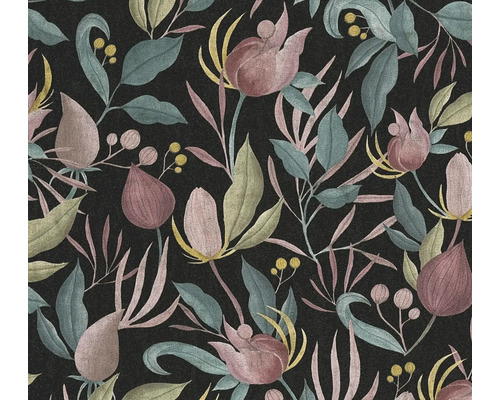 Papier peint intissé CosmoLiving boutons de fleurs noir Motif de papier peint avec des fleurs et des feuilles sur fond foncé