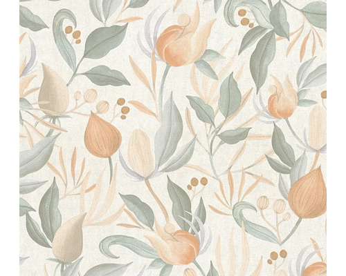 Papier peint intissé CosmoLiving boutons de fleurs abricot Papier peint avec motif floral de fleurs et de feuilles