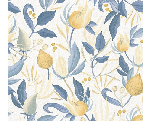 Papier peint intissé CosmoLiving boutons de fleurs blanc bleu Papier peint à fleurs avec fleurs et feuilles