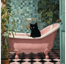 Scène de salle de bain avec baignoire rose, mur carrelé et chat noir