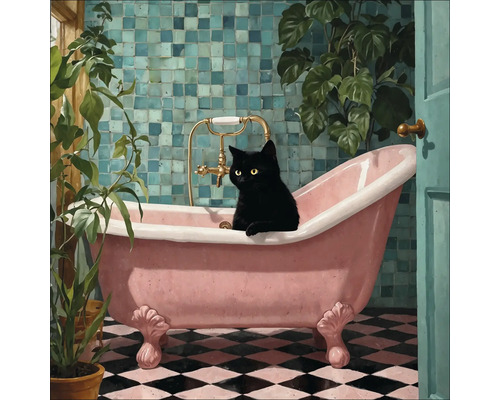 Tableau en verre Cat In The Bathtub 50x50 cm Scène de salle de bain avec baignoire rose, mur carrelé et chat noir