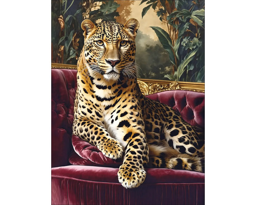 Tableau en verre Big Cat On The Couch II 60x80 cm Peinture d'un léopard sur un canapé devant un mur sur le thème de la jungle