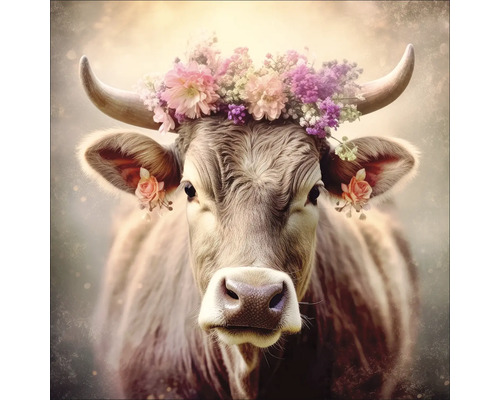 Portrait d'une vache avec des fleurs sur la tête