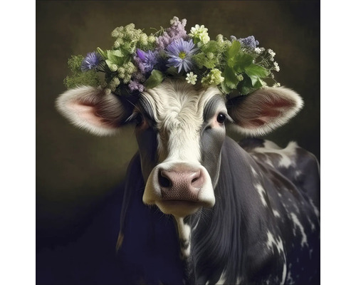 Porträt einer Kuh mit Blumenkranz