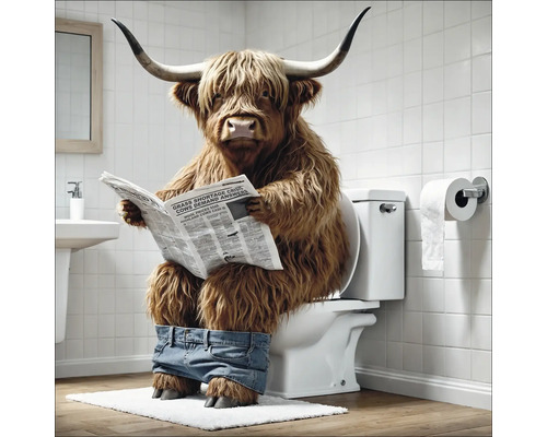 Ein Hochlandrind mit Jeans sitzt auf einer Toilette und liest Zeitung.