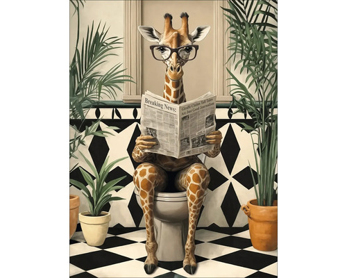 Gemälde einer Giraffe mit Brille, die auf einer Toilette sitzend eine Zeitung liest, umgeben von Zimmerpflanzen