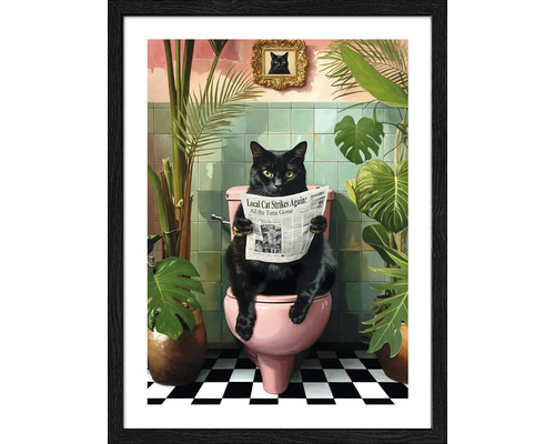Gerahmtes Bild einer Katze, die auf einer Toilette sitzt und eine Zeitung liest, in einem Badezimmer mit Pflanzen
