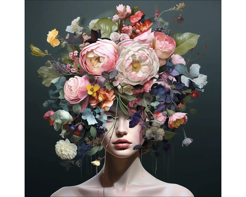 Tableau en verre Flowers On Her Head VII 80x80 cm Femme avec une coiffe florale