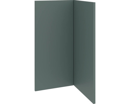 PICCANTE Smart Set de façade meuble d'angle bas 90 cm 2 portes pivotantes vert pierre mat avec bord épais « AH » Vue d'angle d'un meuble simple en forme de plaque