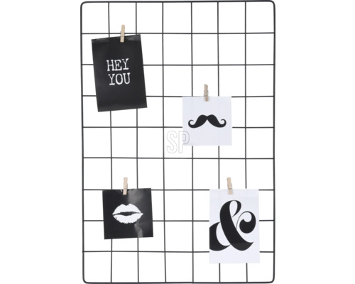 Wandgitter mit 4 Holzklammern schwarz 57x38 cm Memoboard aus Metallgitter mit Fotos und Notizen