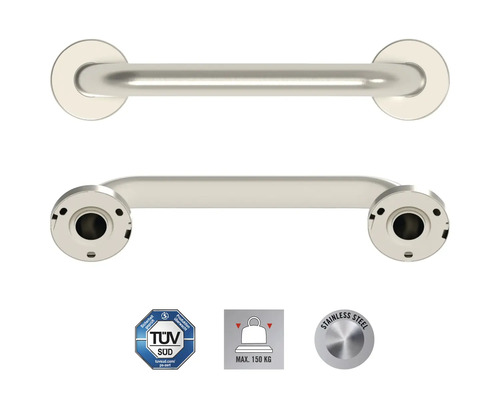 Barre d'appui en acier inoxydable pour salle de bain, avec certification TÜV Süd, charge maximale 150 kilogrammes, marquage acier inoxydable.