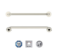 Edelstahl Haltegriff für das Badezimmer, zwei Ansichten, TÜV Süd Siegel, Maximale Belastung 150 kg, Edelstahl Symbol