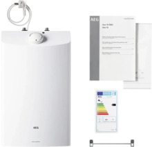 Chauffe-eau de petite capacité AEG avec mode d’emploi, étiquette énergétique et accessoires de montage