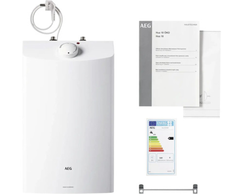 Chauffe-eau de petite capacité AEG avec mode d’emploi, étiquette énergétique et accessoires de montage