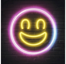 Décoration néon avec motif de smiley sur un mur de briques