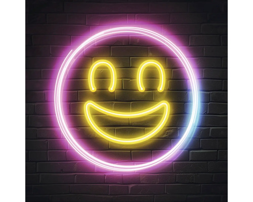 Décoration néon avec motif de smiley sur un mur de briques