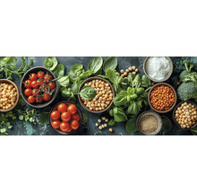 Différents bols contenant des ingrédients tels que des légumes et des légumineuses