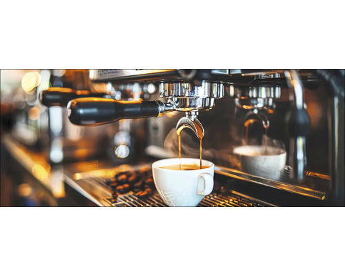 Glasbild Perfect Morning With Espresso II 80x30 cm Kaffeezubereitung mit einer Espressomaschine in einer Tasse
