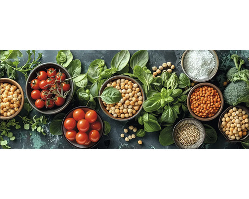 Tableau en verre Chickpeas And Tomatoes 125x50 cm Arrangement de légumes, de légumineuses et d'herbes aromatiques dans des bols