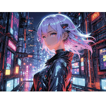 Szene einer Anime-Figur in einer futuristischen Stadtlandschaft.