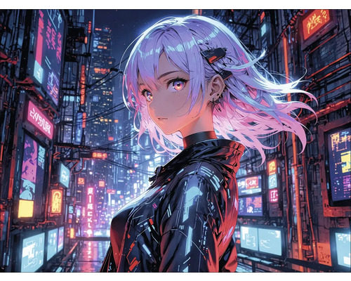 Szene einer Anime-Figur in einer futuristischen Stadtlandschaft.