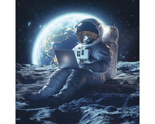 Un astronaute est assis sur la lune et utilise un ordinateur portable.