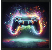 Image encadrée représentant une manette de jeu vidéo avec des effets de lumière