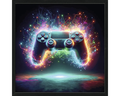 Image encadrée représentant une manette de jeu vidéo avec des effets de lumière