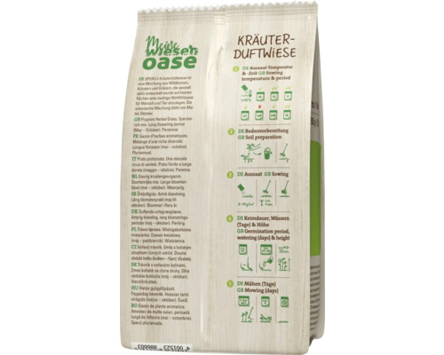 Paquet de graines de prairie parfumée aux herbes avec instructions sur la température de semis, la préparation du sol, le semis, la durée de germination, l'arrosage et la tonte