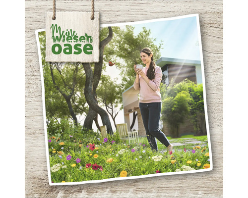 Illustration d'une femme tenant une tasse dans un jardin avec une prairie de fleurs sauvages