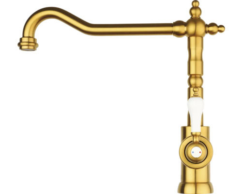 Goldene Küchenarmatur mit weißem Griff